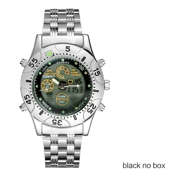 Мужские спортивные часы BOAMIGO, брендовые кварцевые часы, светодиодный, аналоговые, цифровые часы, браслет из нержавеющей стали, Подарочные наручные часы, Reloj Hombre - Цвет: black no box