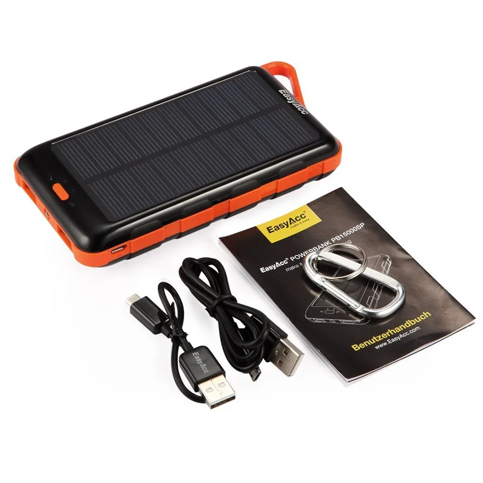 Easyacc 15000mAh Power Bank With Solar Panel and Flashlight External Battery Portable Charger for Samsung HTC Tablets|power bank with solar|15000mah