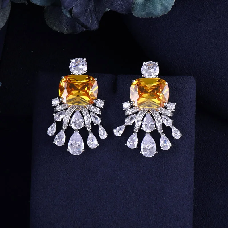 

janekelly Yellow new Design Luxury Water Drop AAA Cubic Zircon Drop Earrings For Women Engagement Party Dinner Dress Jewelry