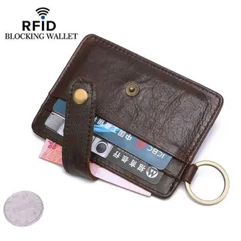

Mini Rfid Wallet for Credit Cards Holder with Metal Key Chain Hasp Designer Genuine Leather id Card Protector Purse 3 Colors