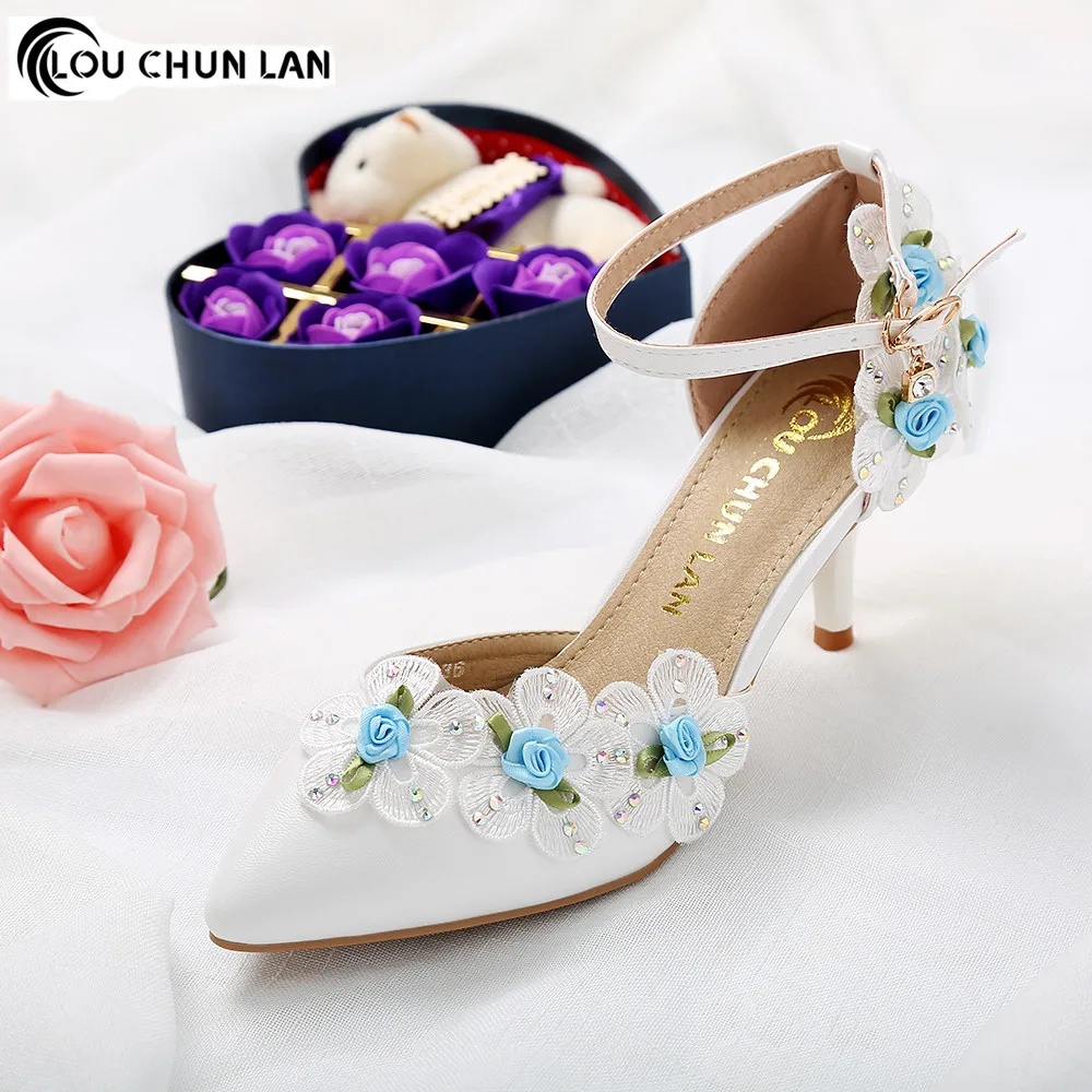 Shoes Women Sandals New Arrival High Quality White wedding shoes female Blue flower lace shoes dress shoes bridal shoes 7CM heel