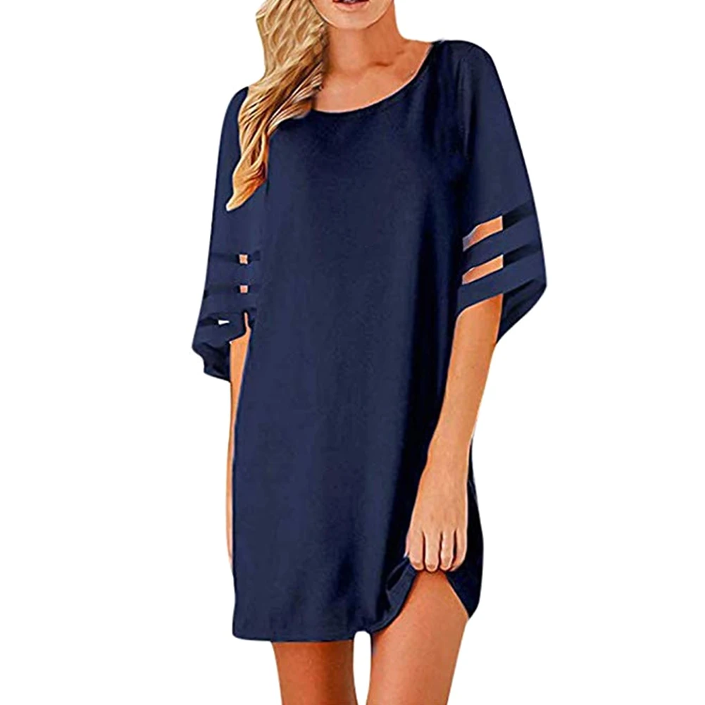 

Women Dress Summer Loose Casual Solid Soft Crew Neck Back Button Mesh Patchwork Travel Bell Sleeve Dating Daily Chiffon