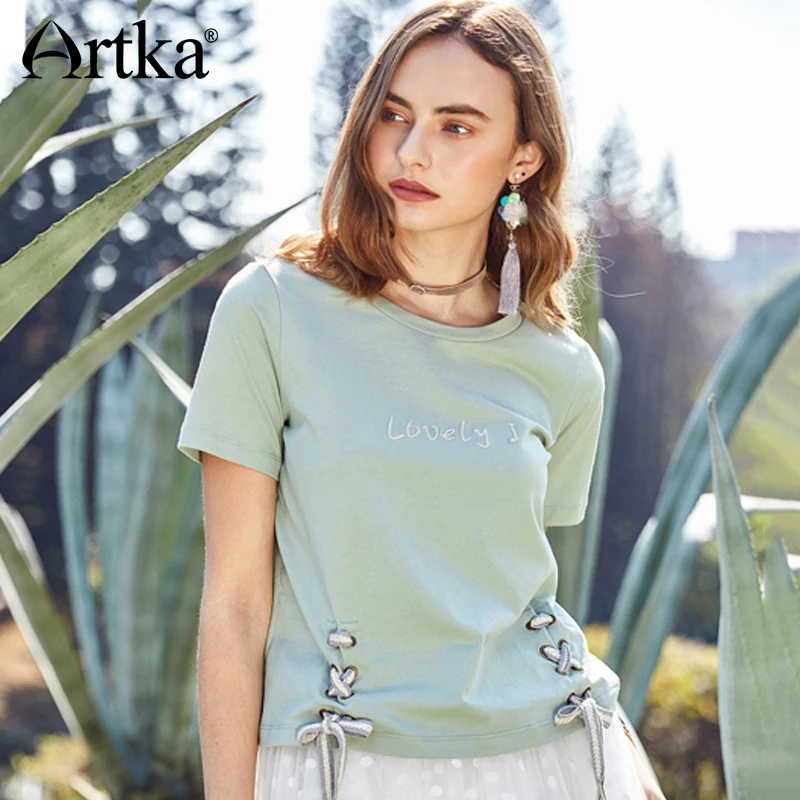 ARTKA 2018 Новая Летняя женская футболка из 100% хлопка с ленточным ремешком и вышитыми