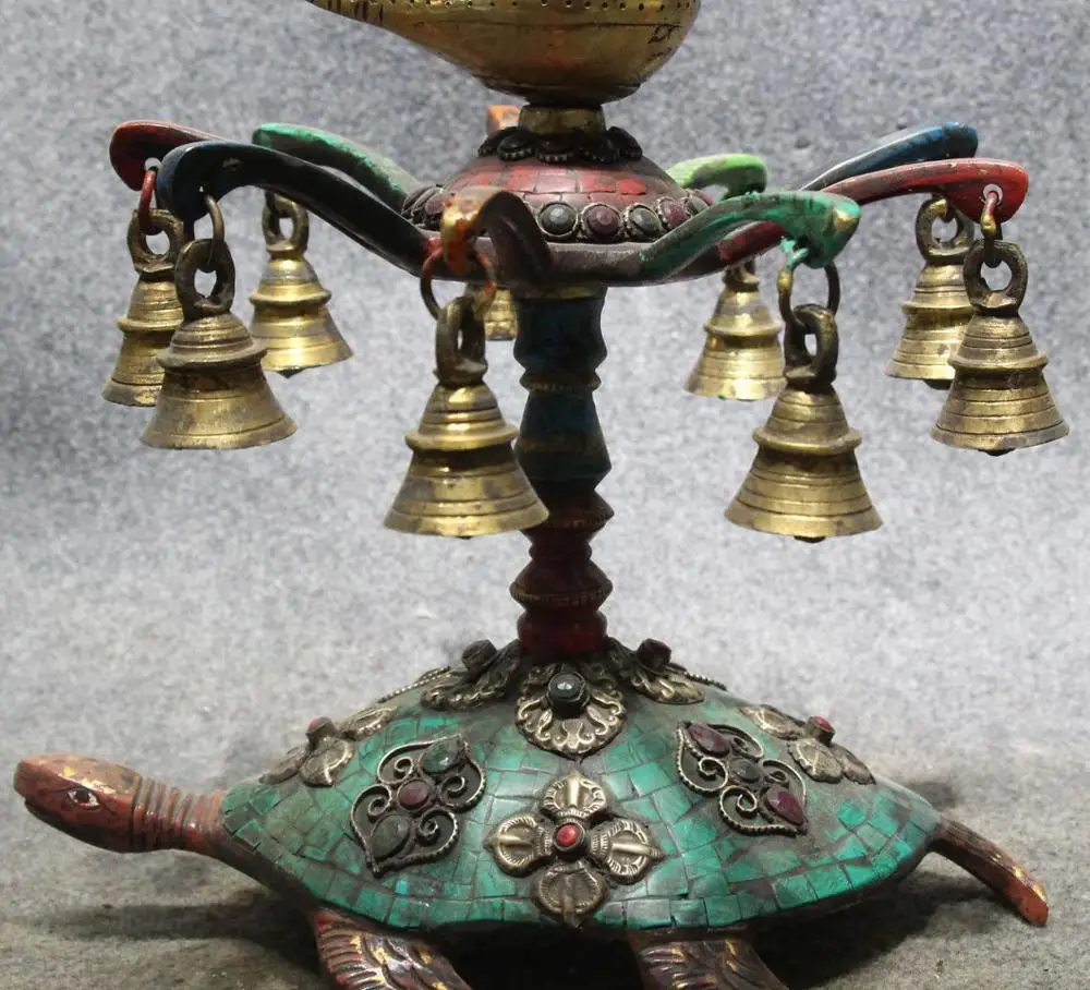 

9" Old Turquoise Coral Bronze Tortoise Turtle Candlestick Candle Holder Oil lamp