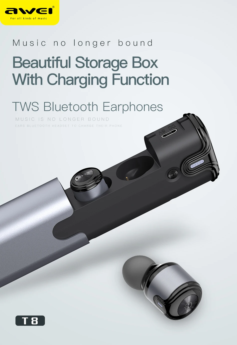 AWEI T8 TWS Bluetooth наушники бизнес беспроводные наушники 3D стерео гарнитура и внешний аккумулятор с микрофоном громкой связи звонки