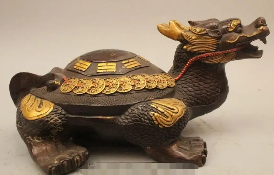 

S03118 Lucky China Fengshui Bronze Gild Money Wealth Dragon Turtle 8 Diagrams Statue B0403