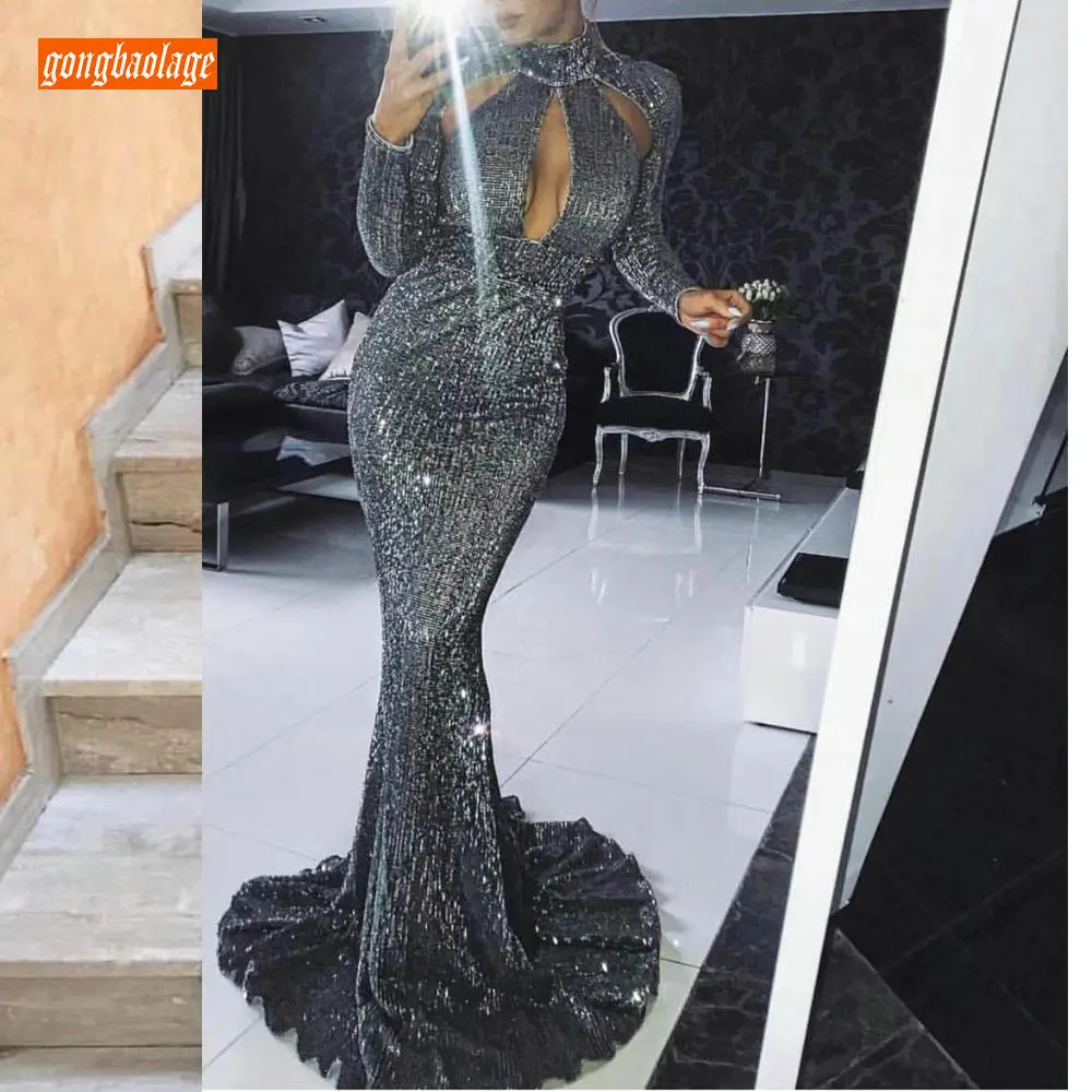Sexy Gray Mermaid Evening Gowns 2019 Evening Dresses Long Party gongbaolage High Neck Sequined Pageant Guest Women Formal Dress