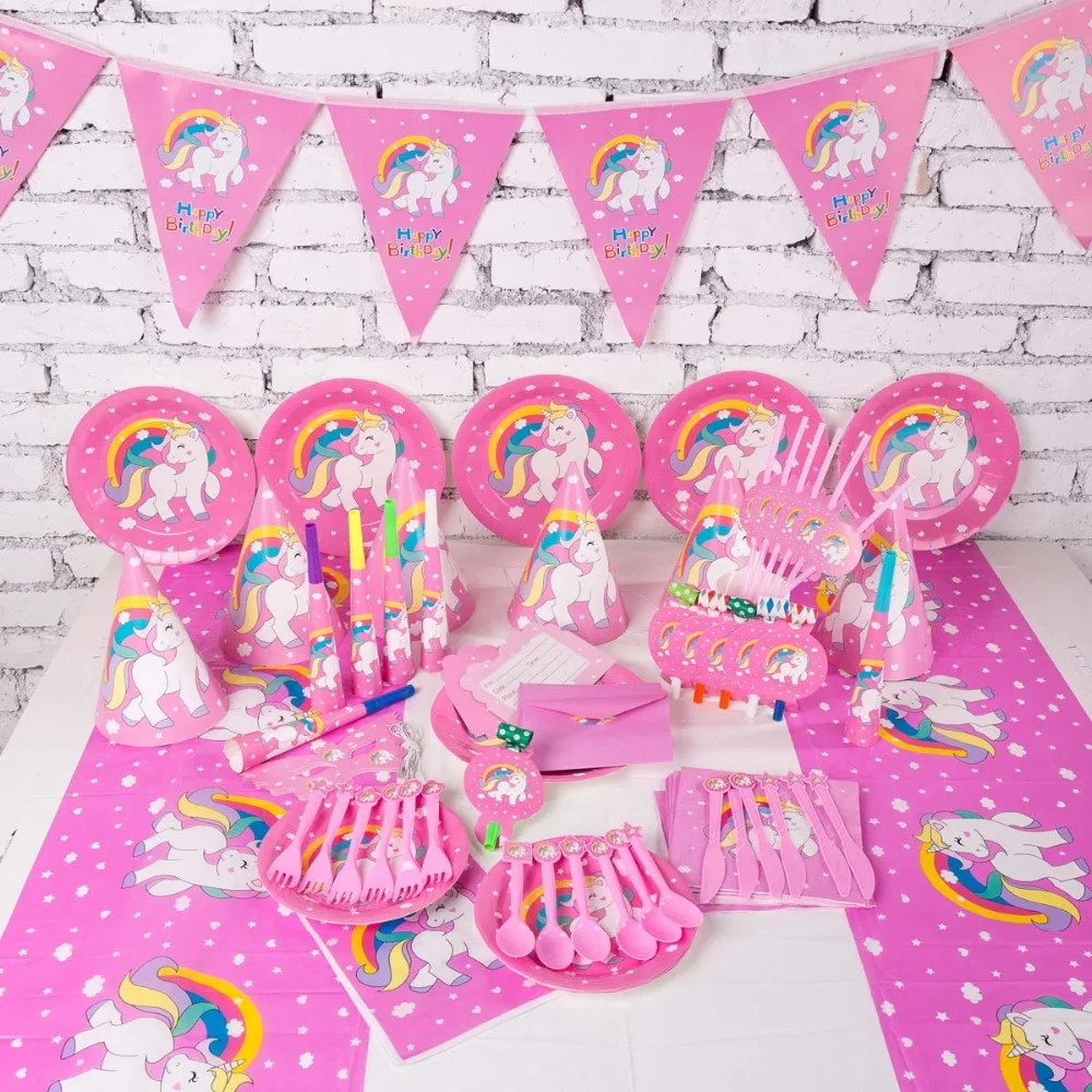 

1set 90pcs Rainbow Unicorn Party Set Disposable Tableware Kits Paper Plate Cup Napkin Garland Unicornio Birthday Party Supplies