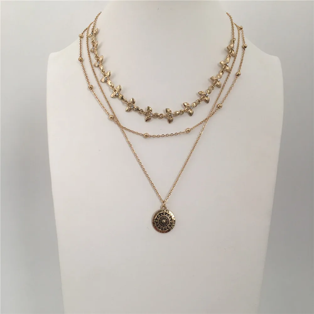 TRENDY WOMEN NECKLACE GOLD COLOR PLATING ANTIQUE ROUND PENDANT LAYERED