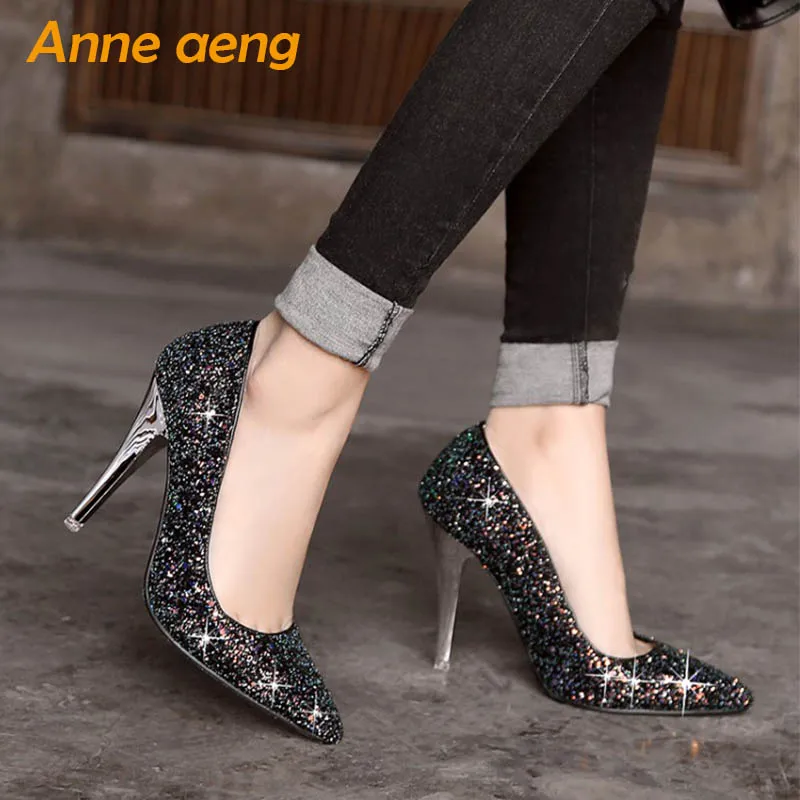 women pumps High thin heel bling Bridal wedding shoes classic pointed toe Sexy Ladies party shoes White High Heels size 34-43