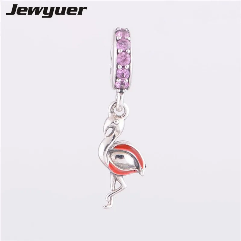 

925 sterling Silver dangle Pink Flamingo Charms Beads Fit Charm Bracelets Snake Chain necklace pendant DIY fine Memnon DA083