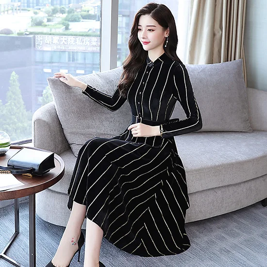 Осень зима нового размера плюс винтажные миди платья корейские женские облегающие золотые бархатные вечерние платья в черную полоску для подиума Vestidos - Цвет: Черный