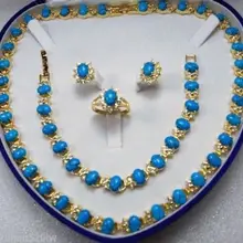 Натуральный голубой камень звено браслет/серьги/Кольцо/ожерелье набор с тонким покрытием Свадебные широкие часы крылья королева