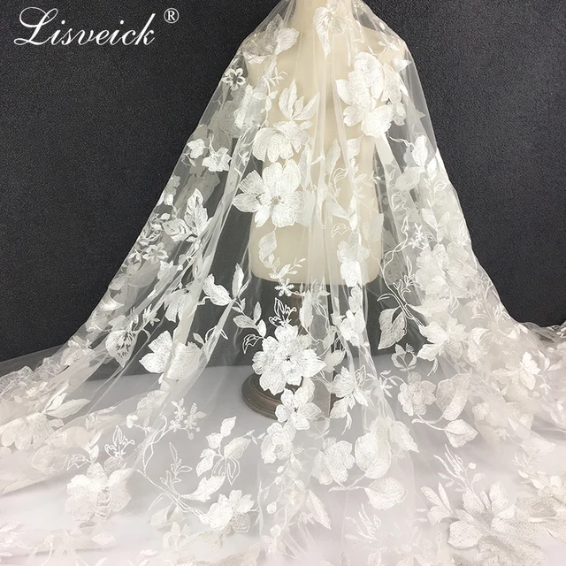 new 1Yard white embroidered lace fabric tulle exquisit High quality heavy flower wedding dress fabric veil mterial 2