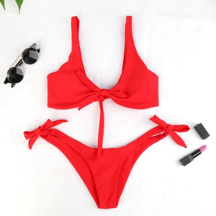 

Sexy Tie Knot Front Bikinis Women Push Up Swimsuit Bikini Set Bandage Swimwear Red Thong Bathing Suit 2019 Swimming Suit