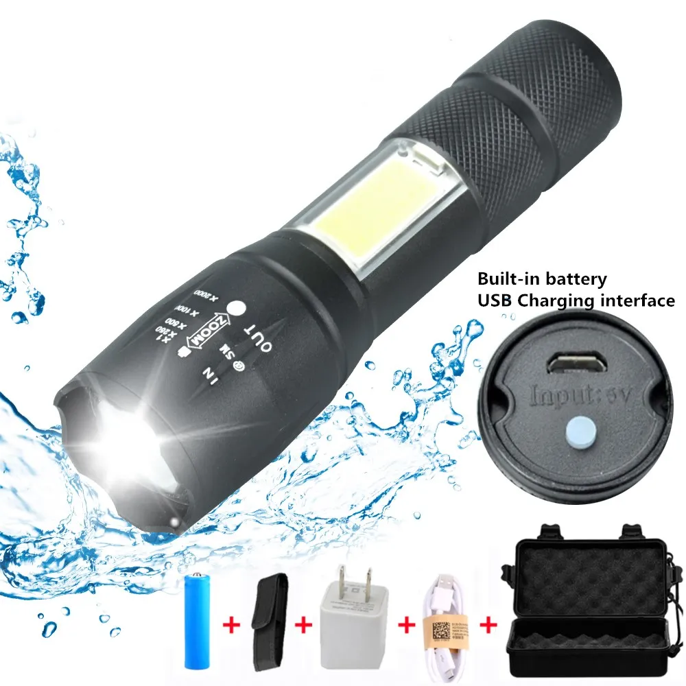 

Waterproof 8000Lum 4Modes Zoomable COB+T6 L2 LED Torch A100 USB Rechargeable Built-in 18650 LED Flashlight for Camping,Hiking