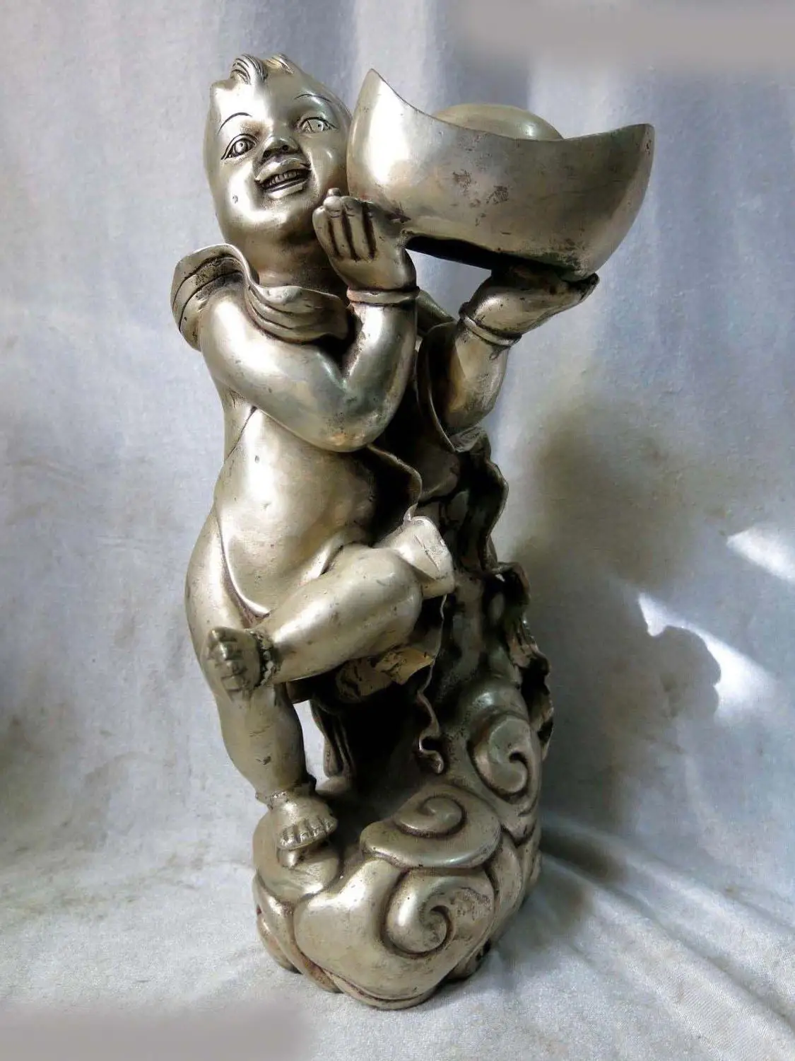 

12" China silver carved beautiful sculpture fortune lucky Yuanbao boy Statue