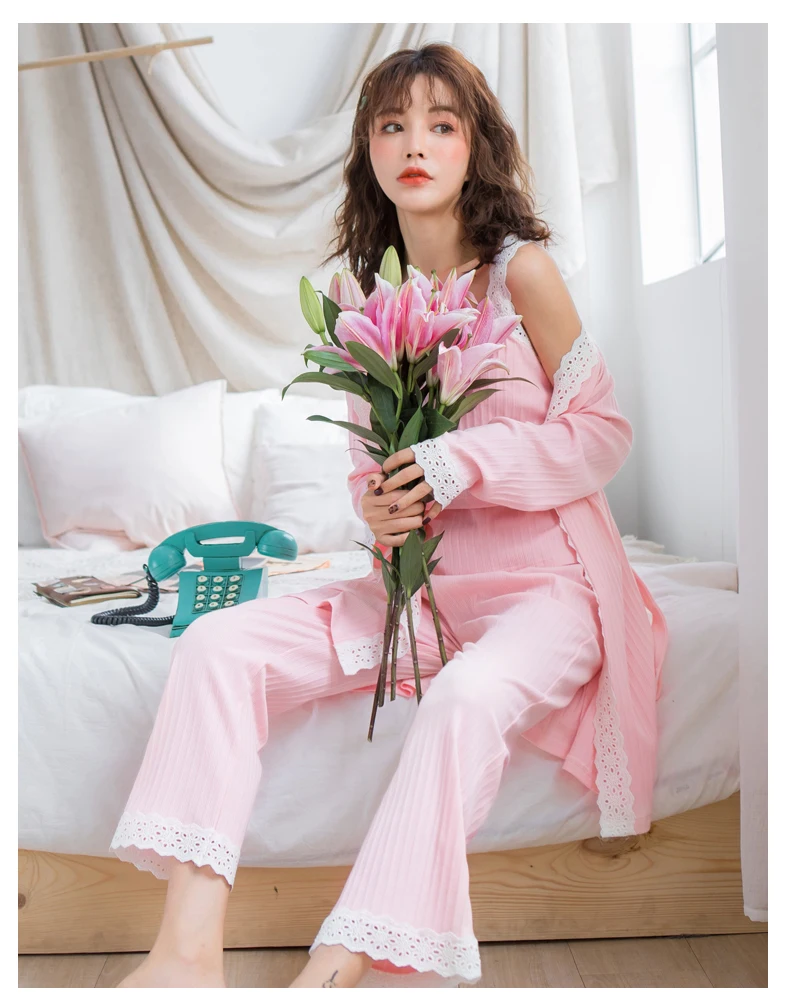 2019 Весна Уход пижамы корейский хлопок пикантные 3 шт./компл. материнства пижамы послеродовой грудного вскармливания Ночная сорочка для
