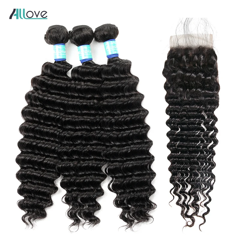

Allove Deep Wave Bundles With Closure Brazilian Hair Weave Bundles With Lace Closure 3Pcs Remy Human Hair Bundles With Closure
