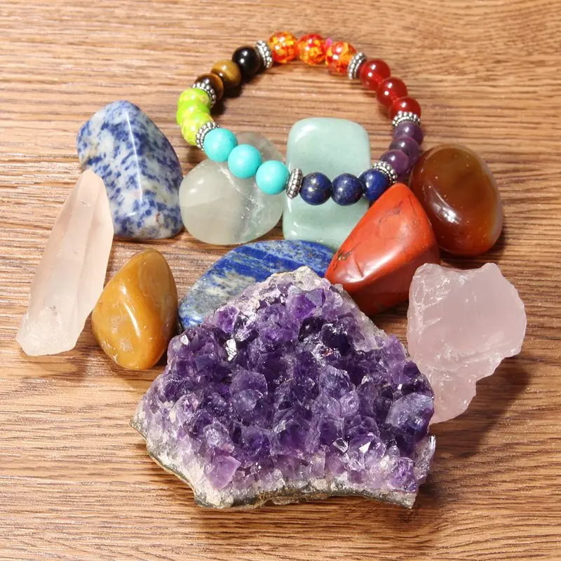 

11PCS Gemstones Crystal Quartz Set Chakra Bracelet Rose Crystal Quartz Point Amethyst Cluster Tumbled Stones Collection Crafts