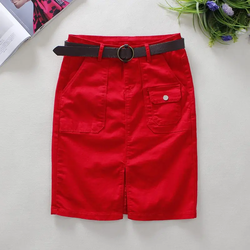 Летние красные джинсовые юбки женские юбки до колен с большими карманами юбки в английском стиле прямые однотонные джинсовые юбки 2361