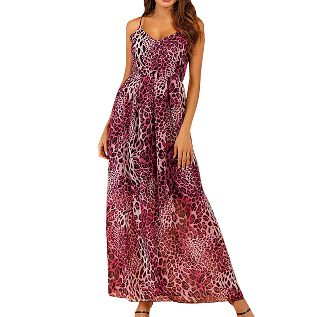 

FREE OSTRICH Women Dress Leopard Mid-Calf Casual Coffee V-Neck Floral Long Valuable Rising Fresh Beachwear Women Dress Summer