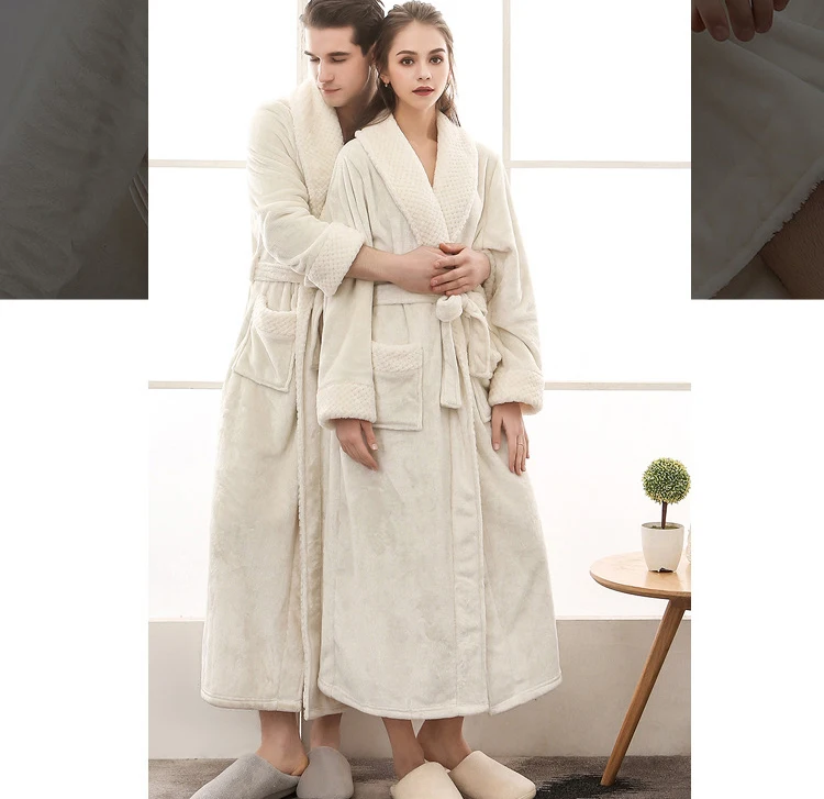 Queenral Man And Woman Robe Winter Long Bathrobe Warm Flannel Satin Male And Female Robes Sleepwear Sexy Pajamas Nightgown    7