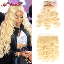 613 пучков с фронтальной перуанской волной тела 3 пучка с закрытием Remy человеческие волосы светлые пучки с фронтальной застежкой