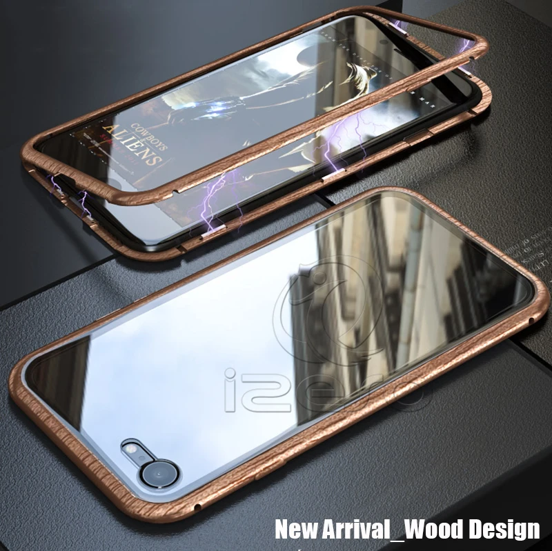 Магнитный чехол с деревянным дизайном для iPhone X XS роскошный металлический бампер