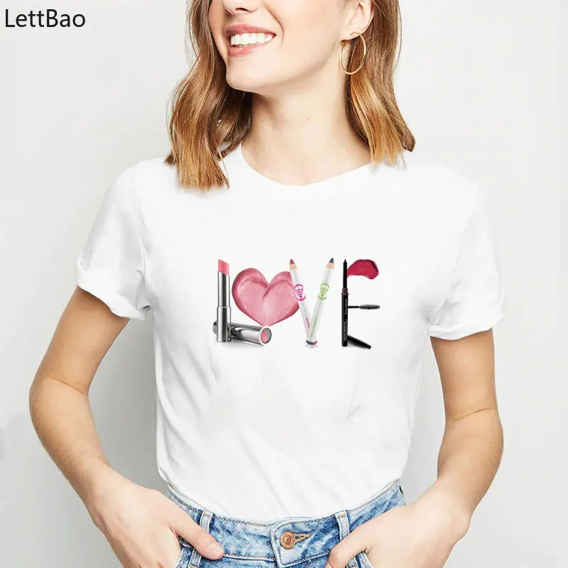 Make Up Aesthetics T Shirt Sexy LOVE Art Painting Women Tees Fashion Vogue Harajuku Streetwear Top Female Summer Camisetas Mujer