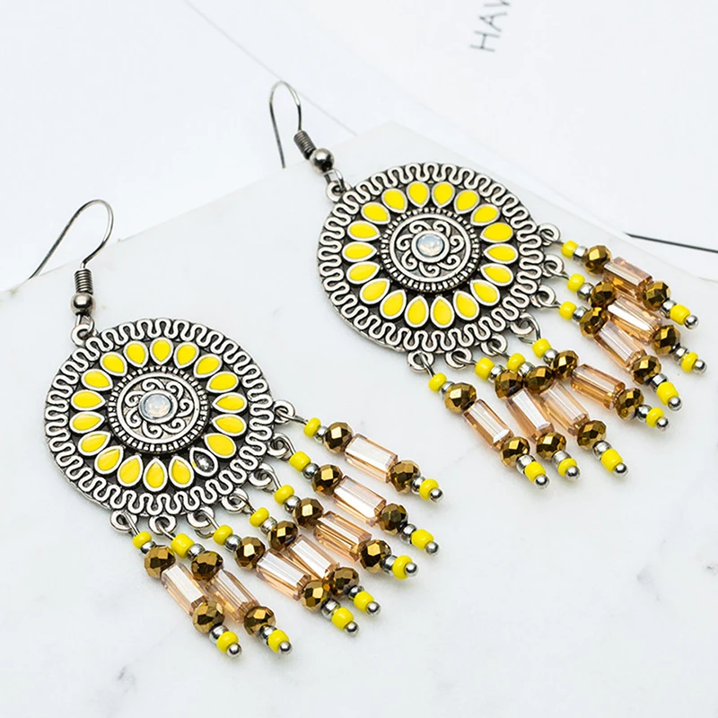 

Bohemia sunflower dream catcher earring indian jewelry Boho ethnic long acrylic rhinestone crystal beads tassel earrings women