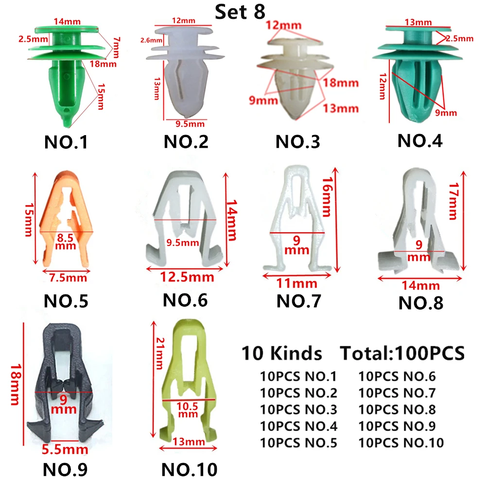 100 шт, разные универсальные 5 мм, 6 мм, 7 мм, 8 мм, 9 мм, 10 мм, автомобильные крепления из пластика, зажимы для всех автомобилей, винтовые заклепки