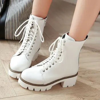 

Women Spring Autumn Boots Square Low Heel Ankle Boots Fashion Platform Lacing Zipper Martin Boots Ladies Shoes White Black