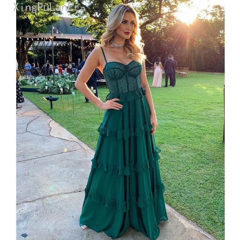 

Green Chiffon Prom Dress Spaghetti Strap Sweetheart Sexy Long Corset Long Evening Dress Party Gowns vestidos de fiesta