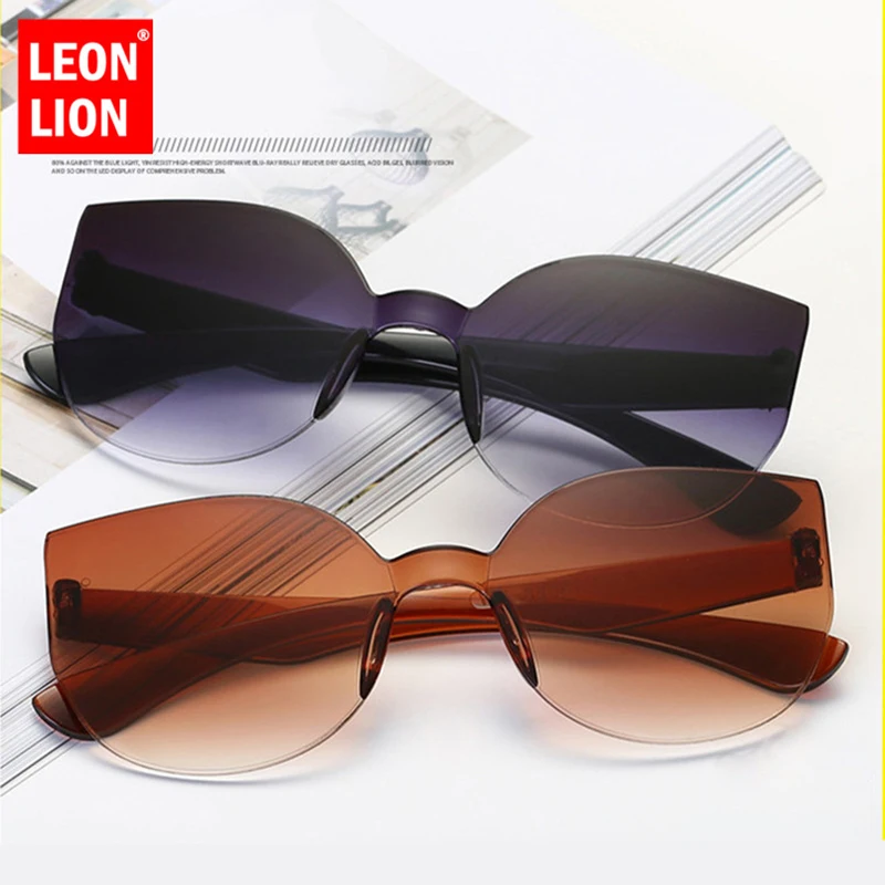 LeonLion Cat Eye Gradient Lens Sunglasses Women Retro One-piece Mirror Rimless Sun Glasses Vintage Travel Eyewear UV400