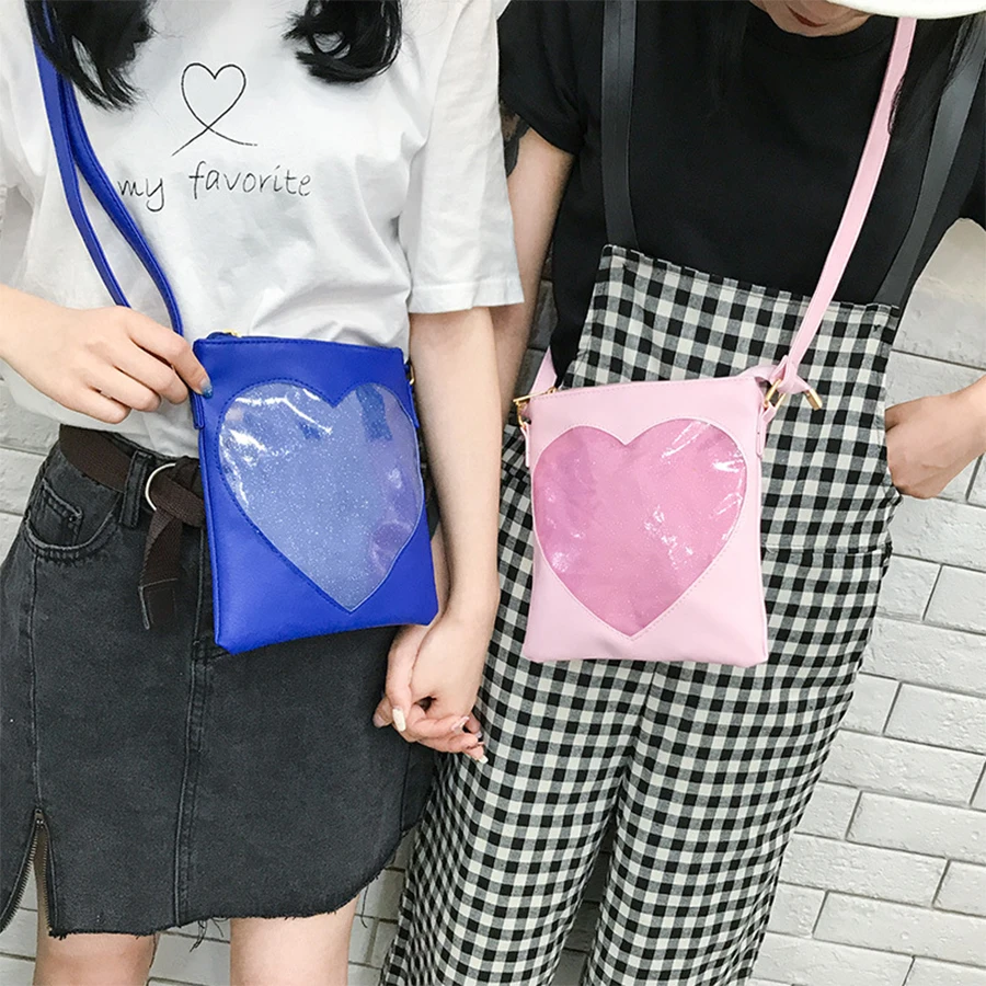 Cute Transparent Heart Women Messenger Bag Kawaii Teenage Girls Single Shoulder Bags High Quality PU Leather Ita Bag Women Bolsa