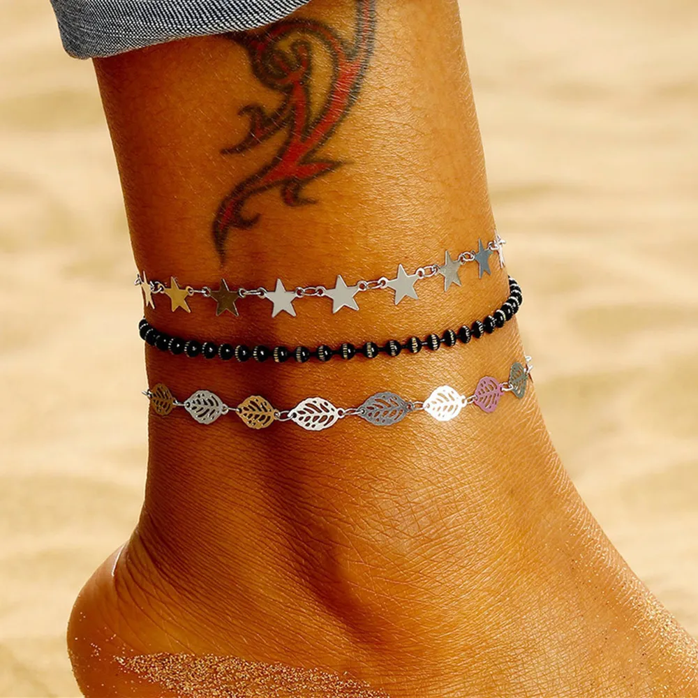 Fashion Bead Anklet Set Bohemian Silver Star Leaf Anklet Bracelet
