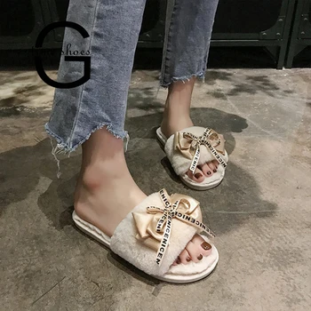 

Gtime Indoor Slippers Women Plush Home Shoes with Faux Fur Winter Warm Slip on Flats Cute Sweet Bowtie Female Zapatillas SE094