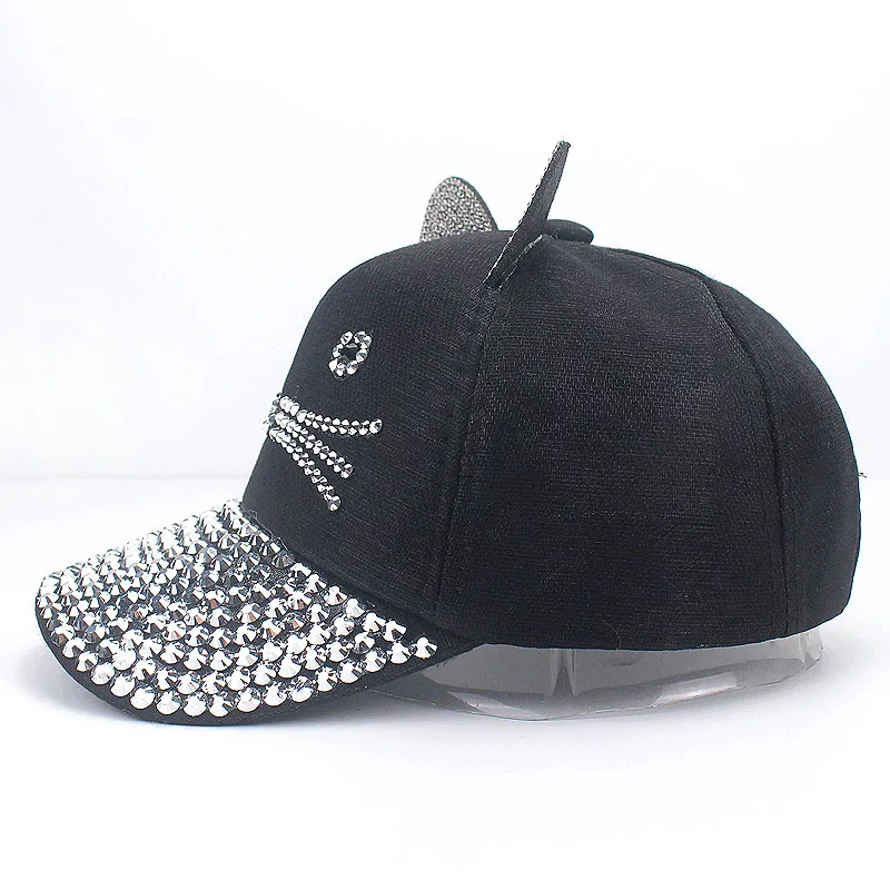 Детские кепки со стразами Snapback хип-хоп однотонные розовые, черные, серые, белые алмазные бейсбольные кошачьи шапки с двумя ушами Регулируемая Кепка с козырьком