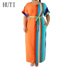 HUTI Large Size Summer Women Elegant O-neck Short Sleeve Maxi Loose Dress Big Size XXXL Fashion Printed Orange Dress Plus Size fashionable round neck short sleeve plus size printed dress for women