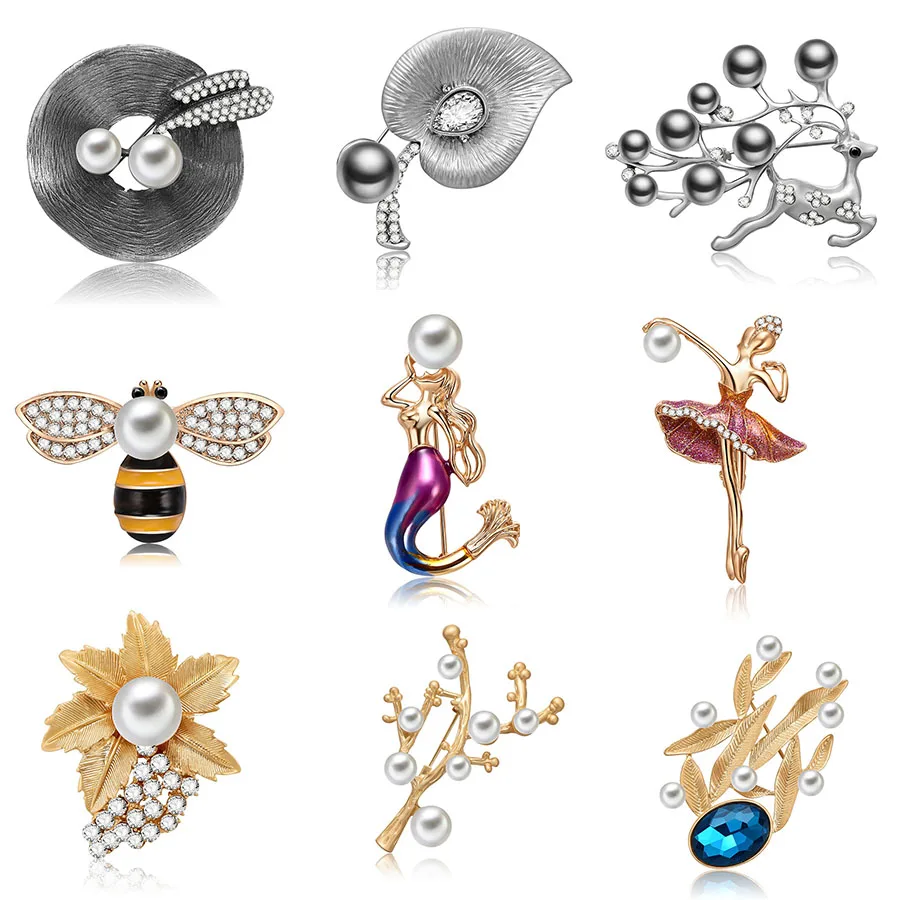 

Fashion Crystal Pearl Women Brooches Flower Leaf and Deer Brooch Mermaid Pins for Women Evening Dress Accessories Jewelry