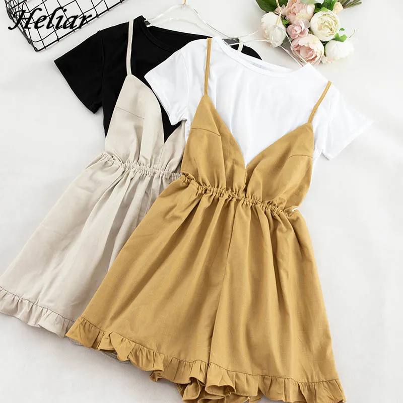 

HELIAR Women Playsuits and T-shirt Lady Solid Tees Spaghetti High Waist Rompers Two Pcs Outfits Cloth Summer Female Playsuit