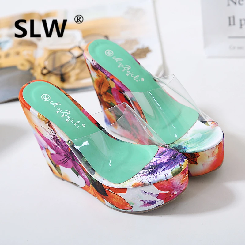 

Transparent Slippers Women Heels Slides Shoes On A Wedge High Sliders Flat 2019 Rome PU Basic Rubber Wedges Women's Slippers