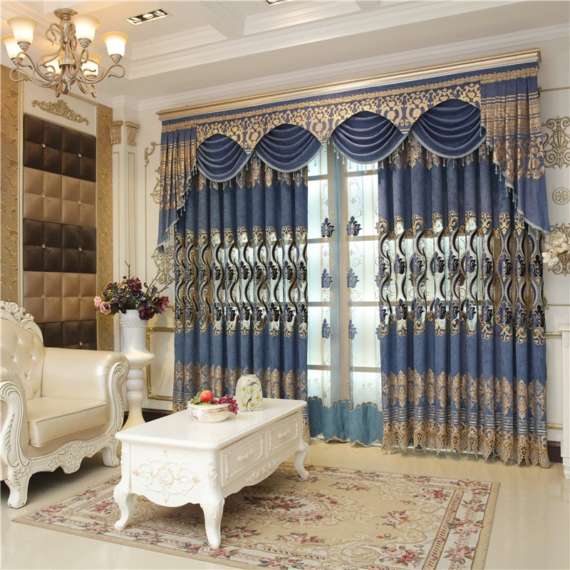 Синие Роскошные водорастворимые шторы с вышивкой в европейском стиле для гостиной, королевские классические высококачественные шторы для спальни