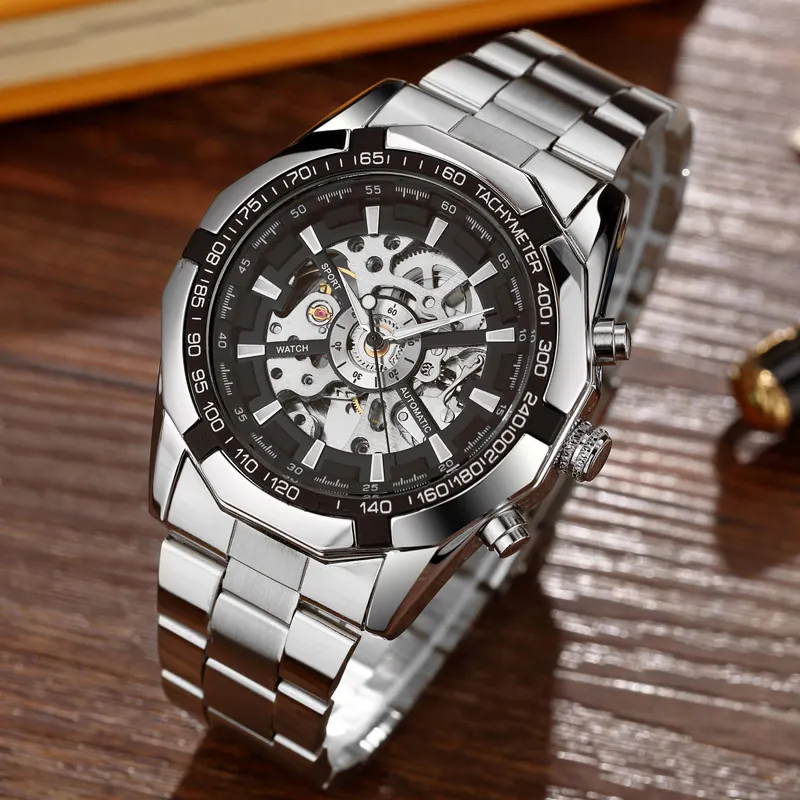 Hot Sale Luxury Luminous Automatic Mechanical Skeleton Dial Stainless Steel Band Wrist Watch Men Women Best Christmas Gift M106 8