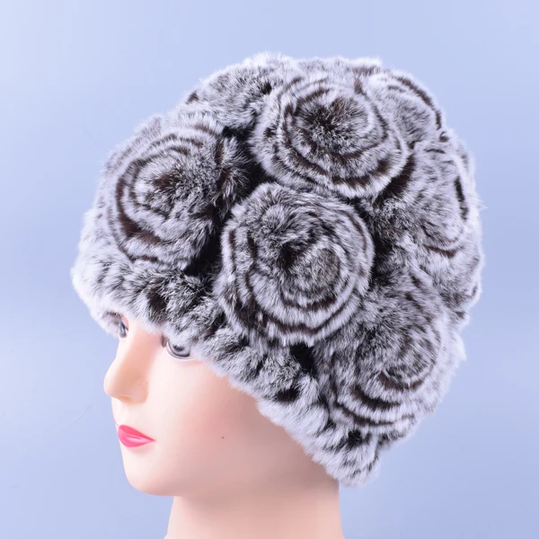 Модная Цветочная зимняя шапка s для девочек, вязаные изделия из натурального меха, актуальная женственная шапка из меха Рекс, кролик шапочка, коса, шапки LQ11168 - Цвет: Small Rose Color 08