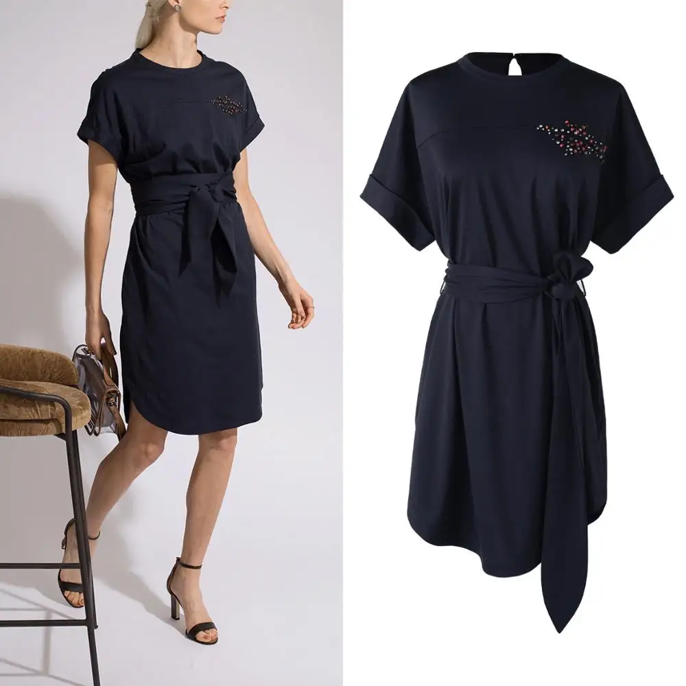 

Brand fashion women's high-end luxury summer elegant beaded heavy-duty tie casual short-sleeved dress