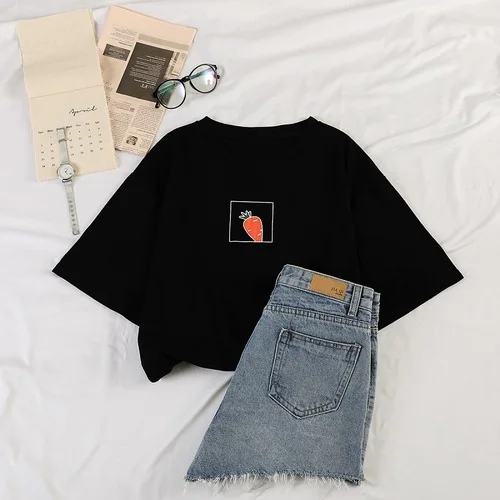 90s модная женская футболка Kawaii с принтом морковки, с коротким рукавом и круглым вырезом, Винтажная Футболка Ullzang, Harajuku, женские футболки - Цвет: Xian 519 hei