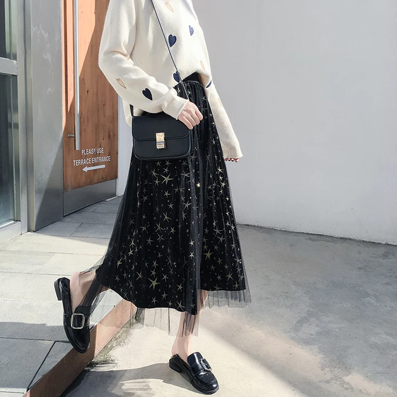 

BGTEEVER Casual Mesh Patchwork Velvet Women Skirt 2019 High Waist Stars A-line Long Skirts femininas Spring Summer