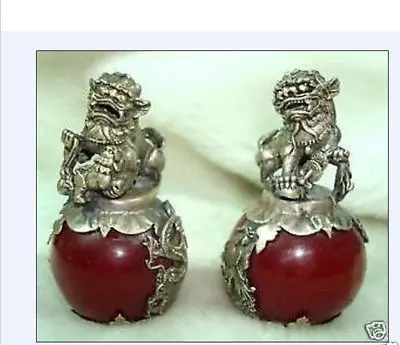 

A Pair Medicine old CHINESE PAIR OF Tibet SILVER DRAGON JADE Foo dog STATUE 2pcs Garden Decoration Bronze